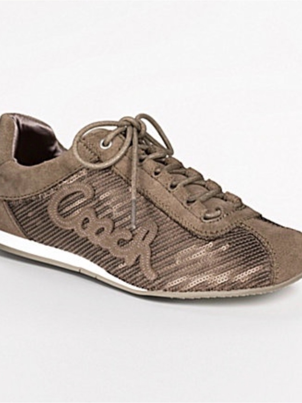 Coach Hope Suede-Sequined Sneakers in an ash brown or taupe colorway